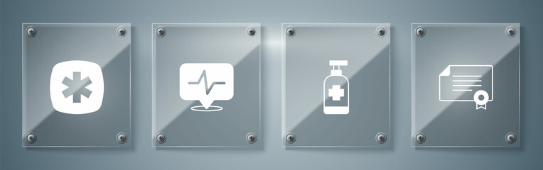 Set Certificate template, Antibacterial soap, Heart rate and Emergency - Star of Life. Square glass panels. Vector