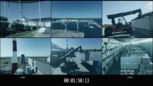 Surveillance CCTV Video Footage in a Harbour Monitoring Center with Multiple Cameras on a Screen. Industry 4.0 Modern Warehouse with High-Tech Security Center. Mock-up Template for Computer Displays.