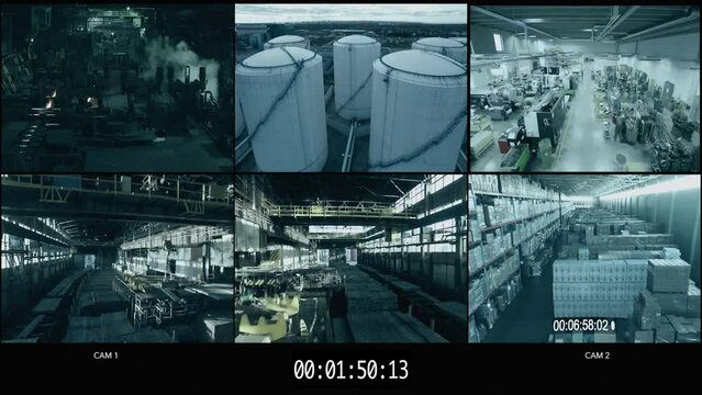 Surveillance CCTV Video Footage in a Harbour Monitoring Center with Multiple Cameras on a Screen. Industry 4.0 Modern Warehouse with High-Tech Security Center. Mock-up Template for Computer Displays.
