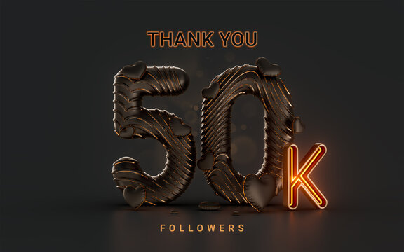 50k follower celebration banner on dark background with neon glow lighting 3d render concept