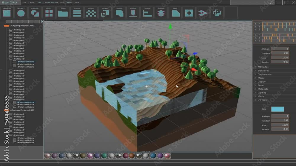 Aufkleber Landscape Architecture 3D Software Mock-up Animation with Backyard Forest Project with Trees and a Lake. Grey Interface Template for Computer Displays and Laptop Screens.