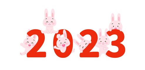 イラスト素材: 2023年に喜ぶウサギのセット（卯年/主線なし/ピンクうさぎ複数/赤字）
