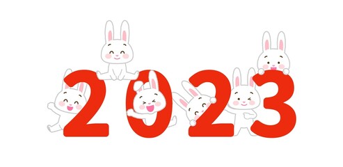 イラスト素材: 2023年に喜ぶウサギのセット（卯年/主線あり/白うさぎ複数/赤字）
