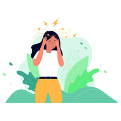 Girl hold on to her head. Dizziness, fatigue. Vector flat illustration.