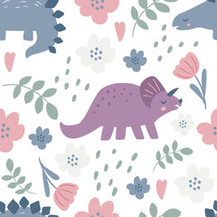 Seamless pattern with cute dinosaur animals in handmade technique. Vector illustration for printing. Cute baby background.