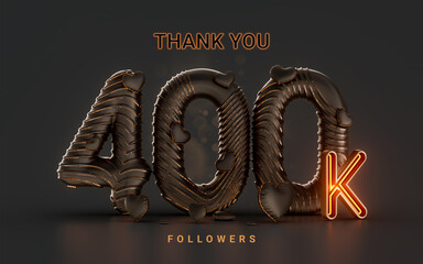 400k follower celebration banner on dark background with neon glow lighting 3d render concept