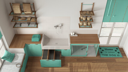 Pet friendly scandinavian turquoise and wooden mudroom, laundry room, space with dog shower bath...