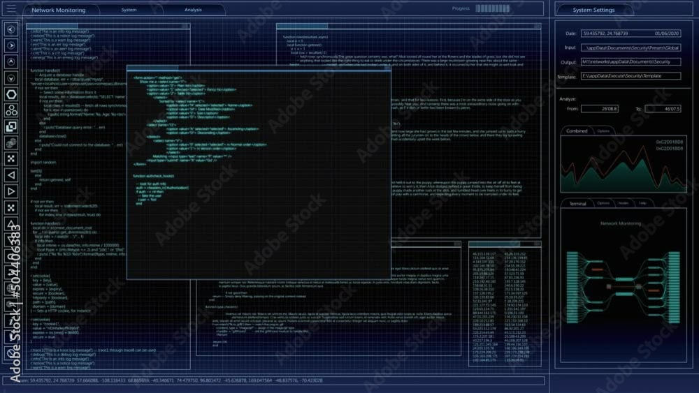 Fototapete Software Backend Mock-up with Software Loading Screen Animation. Dark Project Monitoring Interface with Multiple Windows. Template for Computer Displays and Laptop Screens.
