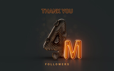 4m follower celebration banner on dark background with neon glow lighting 3d render concept
