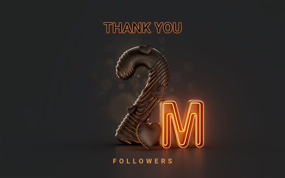 2m follower celebration banner on dark background with neon glow lighting 3d render concept