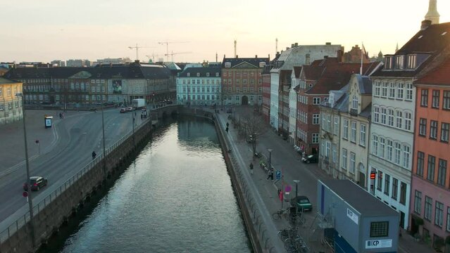 Drone shot of stream in copenhagen. 60fps