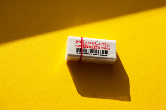 Umea, Norrland Sweden - October 9, 2019: a white eraser on a yellow background