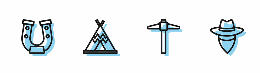Set line Pickaxe, Horseshoe, Indian teepee wigwam and Cowboy icon. Vector © Oksana
