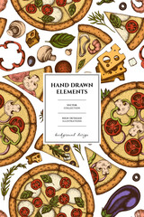 Pizza pattern card design. Hand drawn greek, margherita, pepperoni, veggie, ham and mushrooms and seafood pizzas.