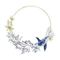 Marine frame with seaweeds, coral and whale. © vectorgirl