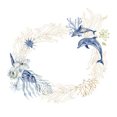 Marine frame with seaweeds, coral and dolphins.