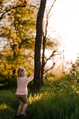 Little girl looking in a sunset in a hight green grass in the forest
