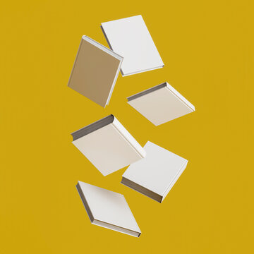 white books fall on a yellow background. Blank book cover. layout or template. 3D render