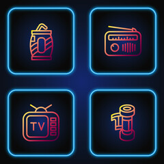 Set line Camera roll cartridge, Retro tv, Soda can with straw and Radio antenna. Gradient color icons. Vector