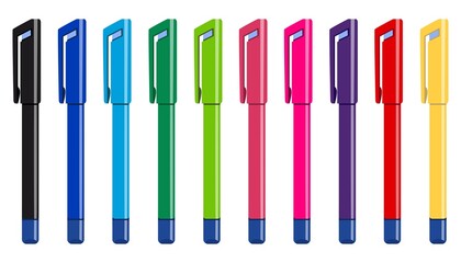 A collection of writing pens. Ten bright colors. Corrector. Vector. Graphics. Can be used for printing and web design.