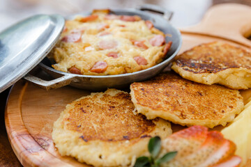 Delicious breakfast with egg and corn cake