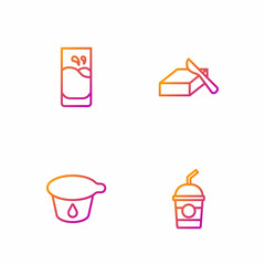 Set line Milkshake, Yogurt container, Glass with milk and Butter butter dish. Gradient color icons. Vector