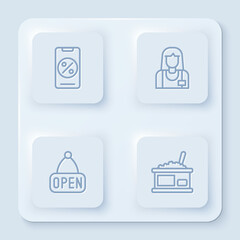 Set line Percent discount and mobile, Seller, Hanging sign with Open and Tin can caviar. White square button. Vector