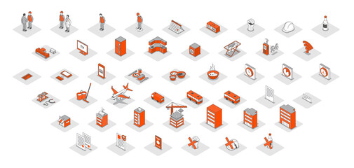 Set vector icons in isometry. Orange home icons. Business icons for website and animation. Stylish icon design. Icons of people and research. Collection of construction and food signs. Cute work