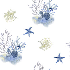 Marine Seamless Pattern with Starfish, Shells and Seaweeds.