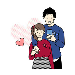 撮影する学生カップル　上半身