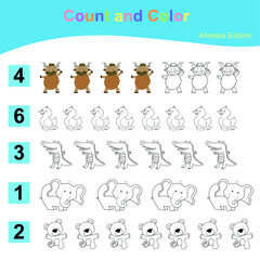 Count and Color worksheet for children. Educational printable worksheet. Cute animal worksheet theme. Vector illustrations.