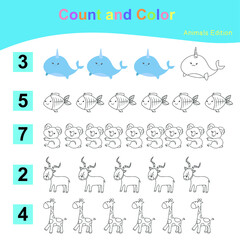 Count and Color worksheet for children. Educational printable worksheet. Cute animal worksheet theme. Vector illustrations.