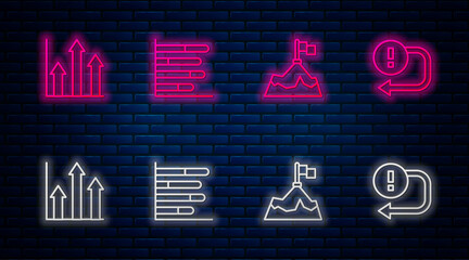 Set line Pie chart infographic, Mountains with flag, and Arrow. Glowing neon icon on brick wall. Vector