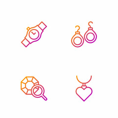 Set line Necklace with heart shaped pendant, Gem stone, Wrist watch and Earrings. Gradient color icons. Vector