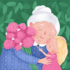 Illustration postcard granddaughter gives flowers to grandmother