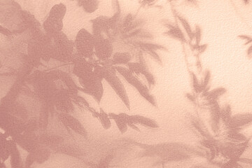 shadow and light pink pastel background of leaf shadow tree branch on white wall texture, nature leaves pink rose gold wallpaper, shadow overlay effect