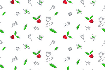 Floral vector seamless pattern of red roses, buds, green leaves