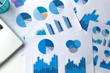 Financial charts and reports on the desktop. Statistical data on paper.