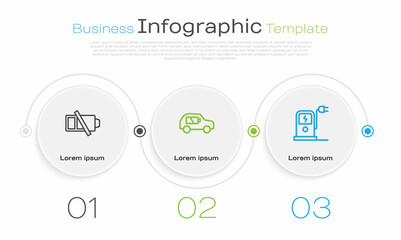 Set line Low battery, Electric car and charging station. Business infographic template. Vector