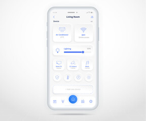 Smartphone smart home controlled app UX UI, IOT Internet of things technology, Digital future home automation tech, smart devices application phone, Wifi cctv lighting music air, vector illustration