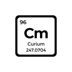 Curium periodic table element Cm atom black vector icon with atomic and mass number isolated on white background. Chemical element sign