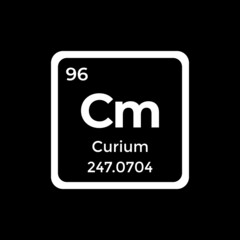 Curium periodic table element Cm atom white vector icon sign with atomic and mass number isolated on black background. Chemical element symbol