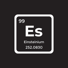 Einstenium periodic table element Es atom white vector icon sign with atomic and mass number isolated on black background. Chemical element symbol