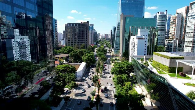 Urban Aerial Faria Lima Avenue At Sao Paulo Brazil. Metropolitan Downtown Landscape. Cityscape Of Metropolitan Architecture. Latin America Cityscape Top Down.
