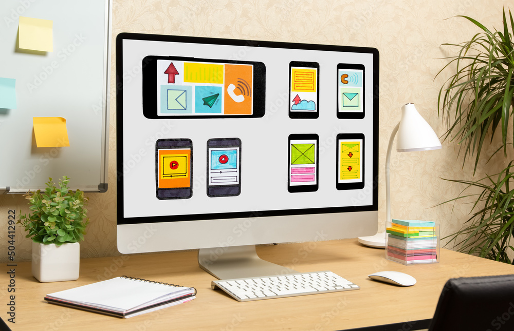 Fototapete application website design on computer screen. desktop designer interface sketch developer.