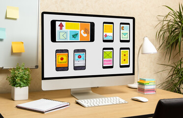 Application website design on computer screen. Desktop designer interface sketch developer.