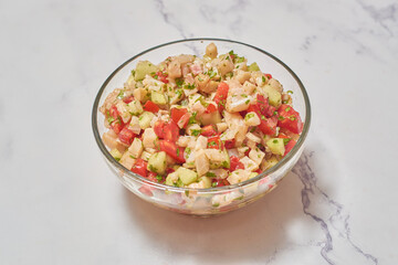 Fish ceviche bowl, a traditional dish from Peru and the Caribbean.