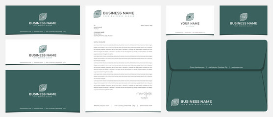 Leaf window logo with stationery, business card and social media banner designs