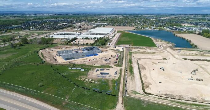 Commercial building construction site in Eagle Idaho aerial footage