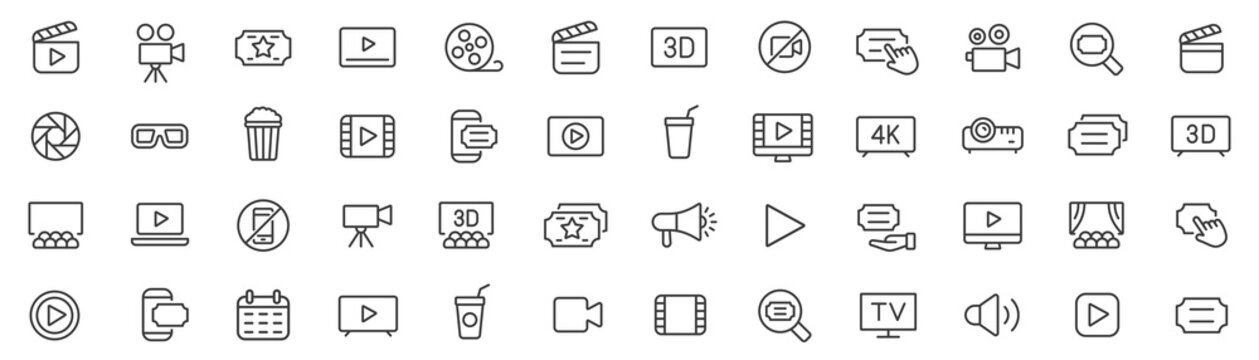 Cinema Icons Set. Cinema Symbols Set. Movie Line Icons Vector